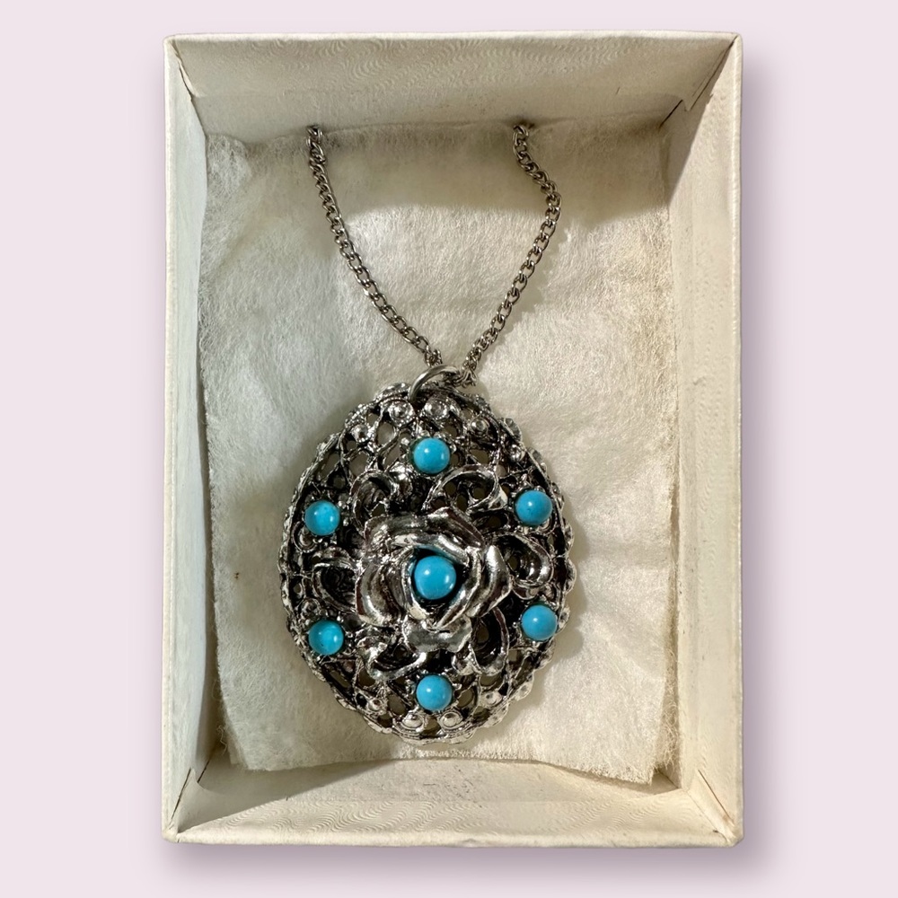 Vintage 60's Silver Metal Filigree Oval Pendant with Aqua Blue Beads 24" Chain